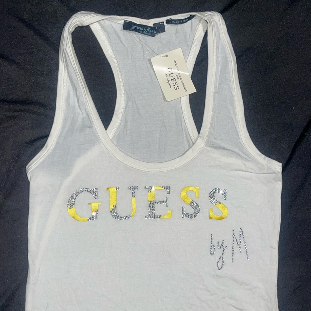 New Guess Marciano Unique White Embellished Tee Racer Tank Top Logo Top S